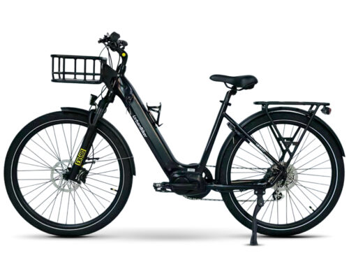 Bicicleta eléctrica urbana Urbanbiker UB110B negra de motor central, vista lateral